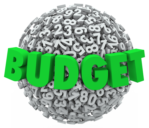 Budget word in green 3d letters on a ball or sphere of numbers to illustrate accounting processes and reducing costs for company, business or personal finances