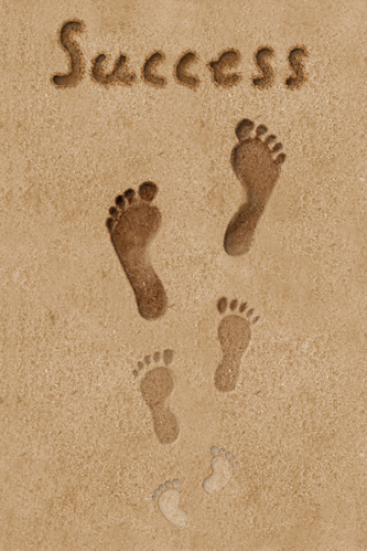 Concept illustration that uses footprints to illustrates steps to the success witch comes with the maturity of an idea.