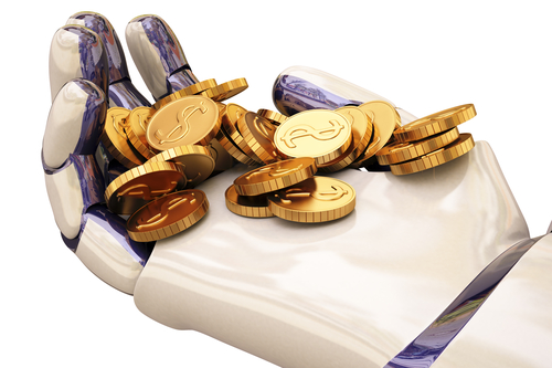 robot holding a coin. with clipping path.